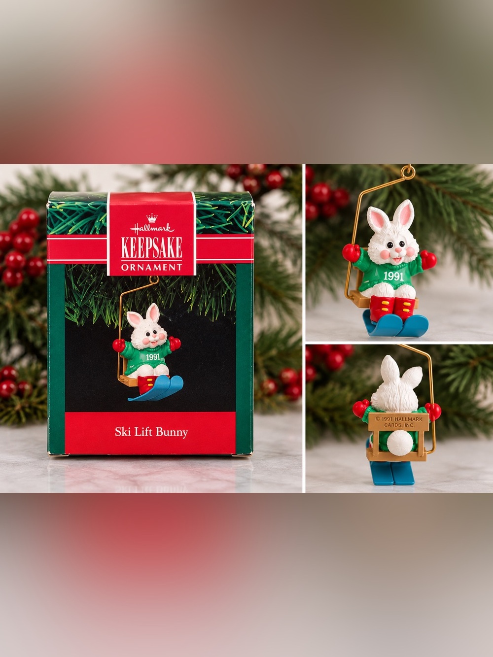 Hallmark Keepsake 1991 Ski Lift Bunny Christmas Ornament Vintage QX544-7